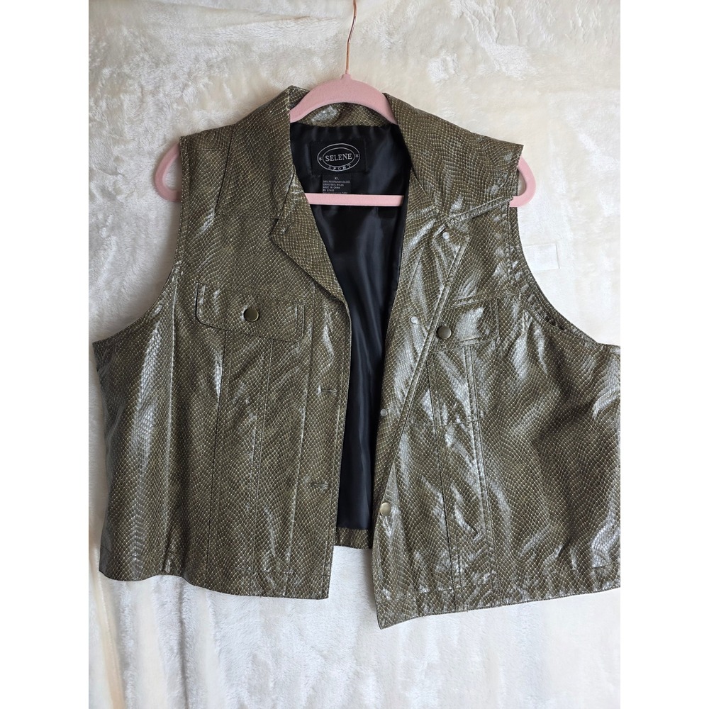 Selene Sport Women's XL Snake Print Faux Leather Vest Khaki Button Front Pockets